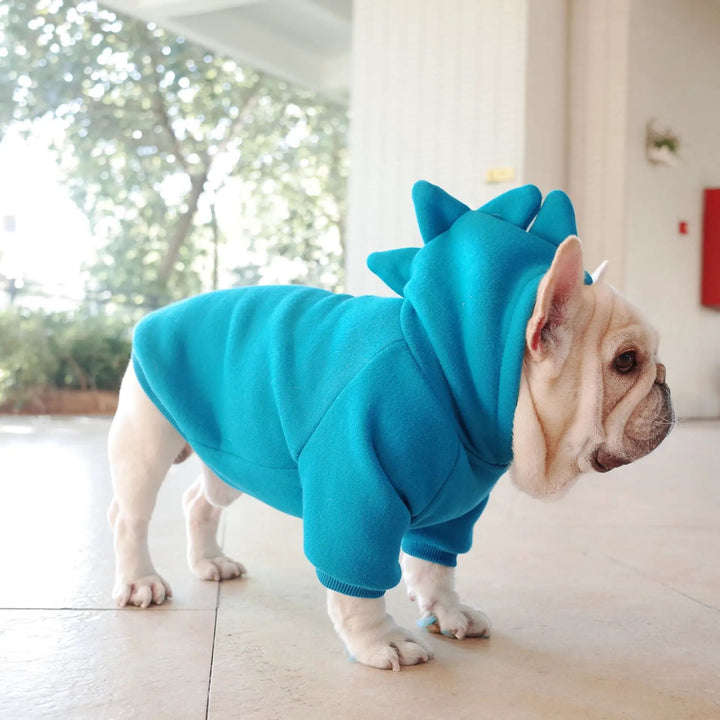 Pet Zen blue fleece hoodie for dogs with dragon-crest hood