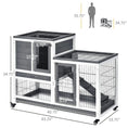 Load image into Gallery viewer, PawHut wooden rabbit hutch elevated bunny cage set, gray and white with wire mesh on wheels (2 cages).
