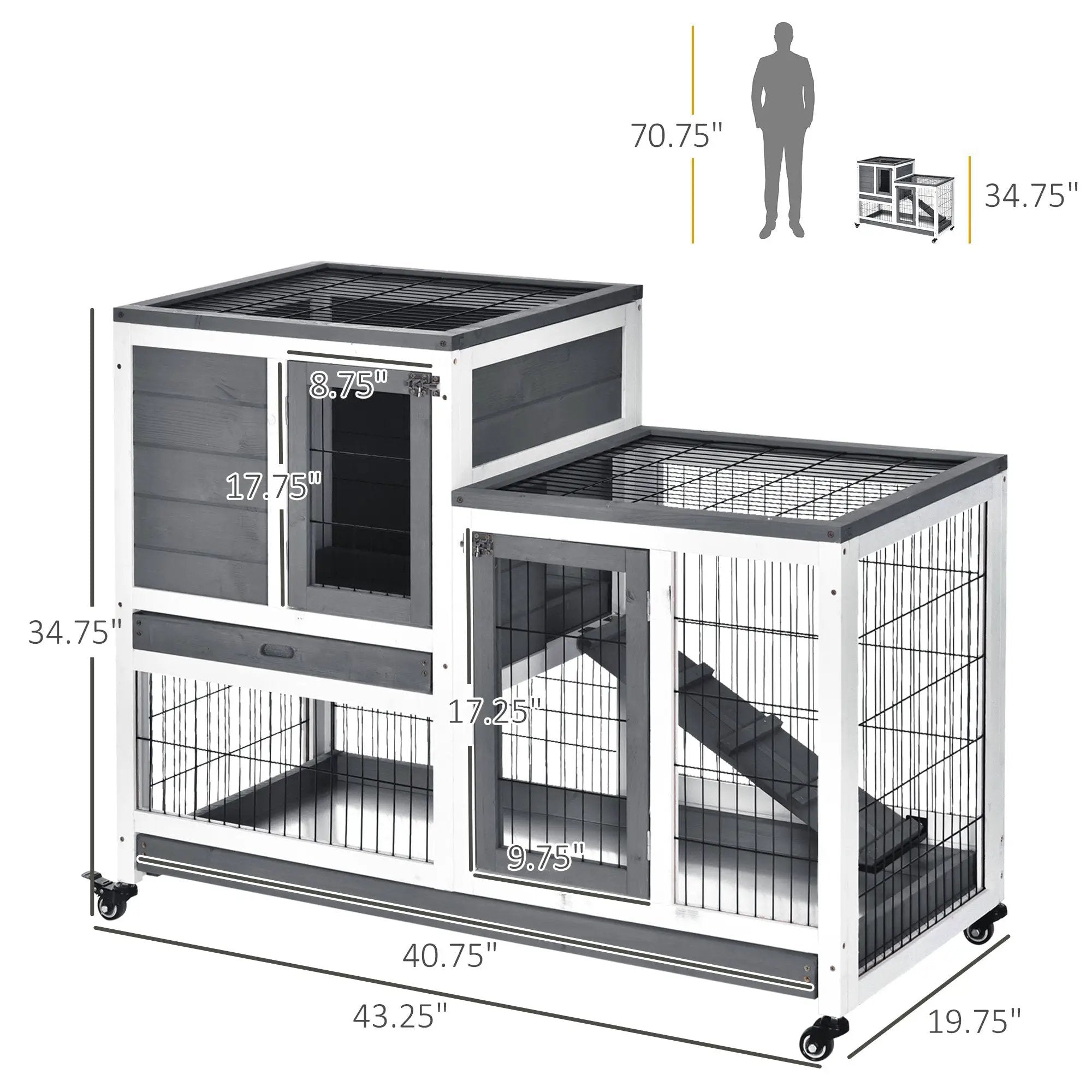 PawHut wooden rabbit hutch elevated bunny cage set, gray and white with wire mesh on wheels (2 cages).