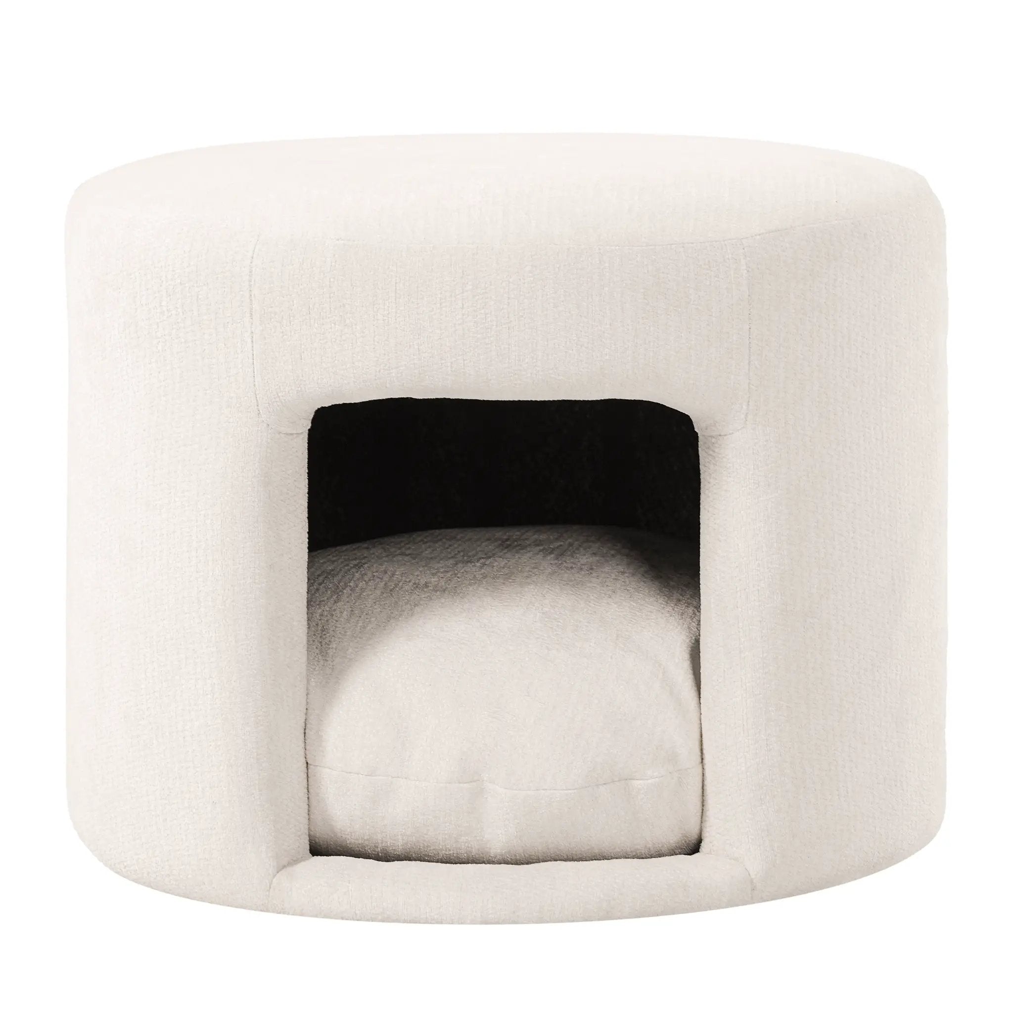 Beige pet-friendly ottoman with removable pet cushion and hidden pet nook