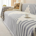 Load image into Gallery viewer, Chenille fabric sofa cover; cream with gray geometric pattern, fringe edges, non-slip universal protector
