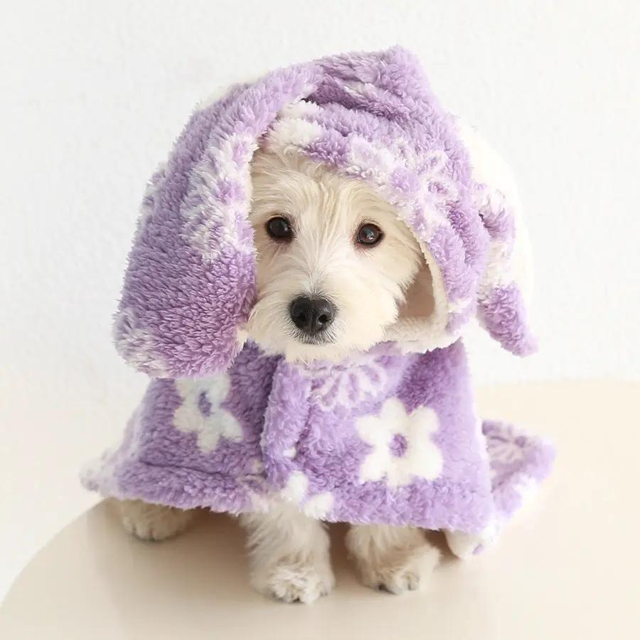 SOCKPET Small Dog Flannel Cape Towel in purple with white flower pattern