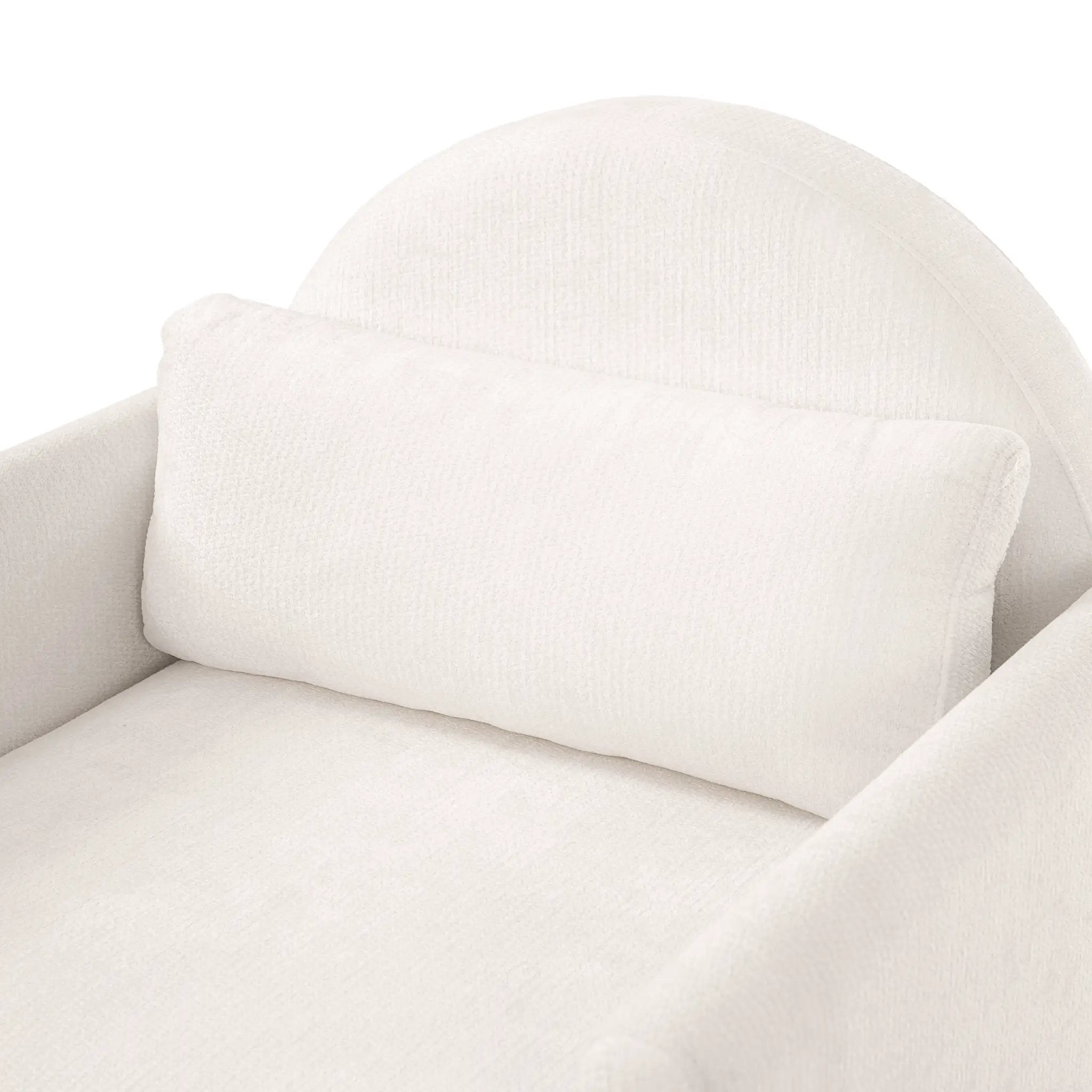 Beige accent chair close-up with textured fabric upholstery.