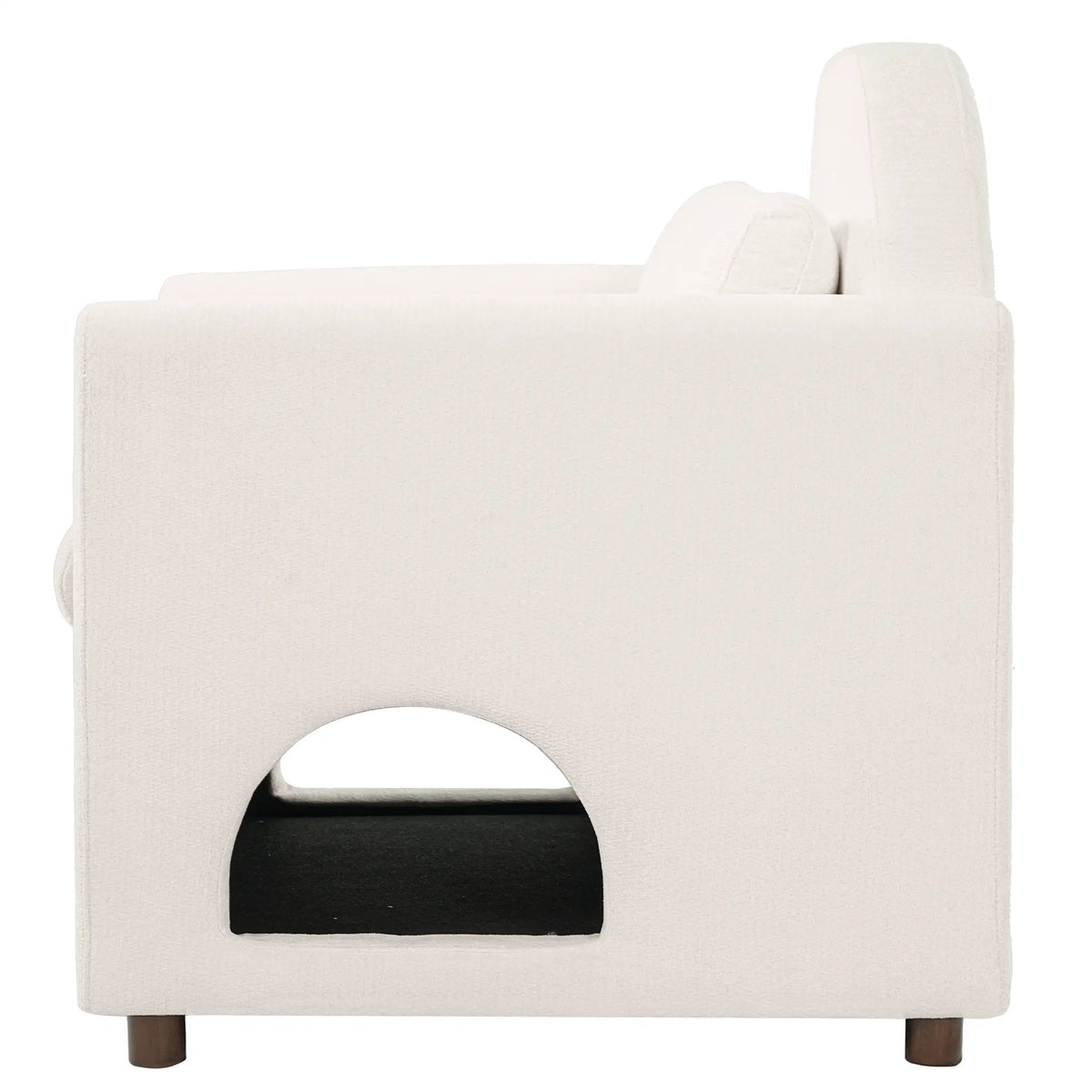 Beige pet-friendly accent chair with hidden pet nook; upholstered fabric, wooden legs.