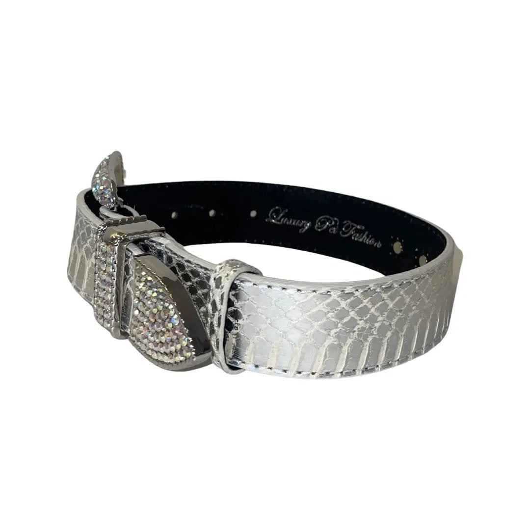 Stunning silver snakeskin-textured hardware collar with Swarovski crystals by Allysa Payne Beverly Hills