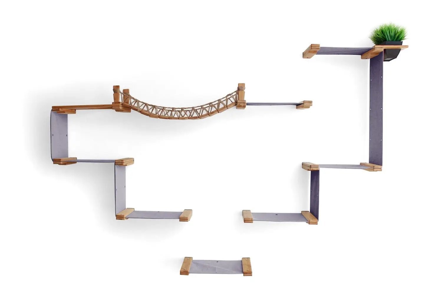 The Temple giant cat tree on wall by Catastrophic Creations; purple panels with wooden connectors and rope bridge.