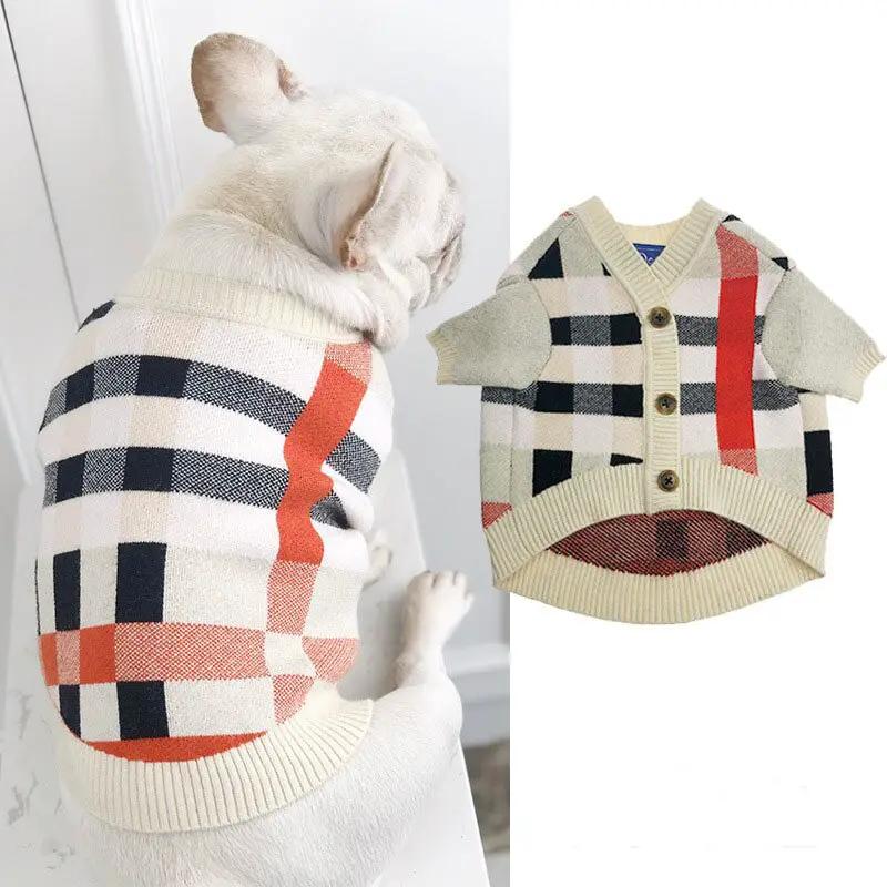 Dog sweater in cream plaid knit with beige ribbed trim