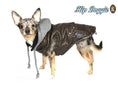 Load image into Gallery viewer, Vintage Bomber Dog Jacket, brown faux leather with gray hood, by Hip Doggie (GreaterGood).
