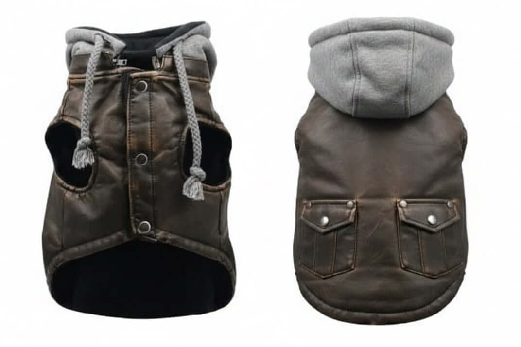 Vintage bomber dog jacket in brown with grey hood, pockets; Hip Doggie by GreaterGood
