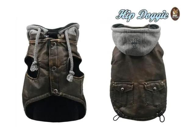 Vintage bomber dog jacket in brown with grey hood, pockets; Hip Doggie by GreaterGood