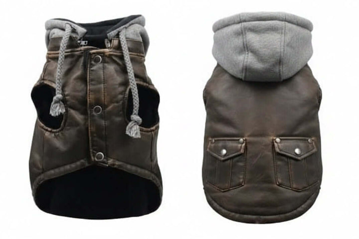 Vintage bomber dog jacket in brown with grey hood, pockets; Hip Doggie by GreaterGood