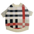 Load image into Gallery viewer, Pet Zen dog sweater in cream plaid with red stripe, knit collar and cuffs
