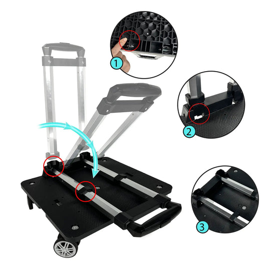 Mr. Peanut's pet carrier luggage cart with aluminum frame, black base, and spinner wheels