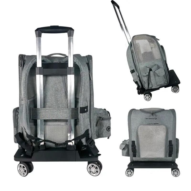Mr. Peanut's Pet Carrier/Luggage Bag Spinner Wheelbase Luggage Cart in gray fabric with mesh panels and rolling wheels