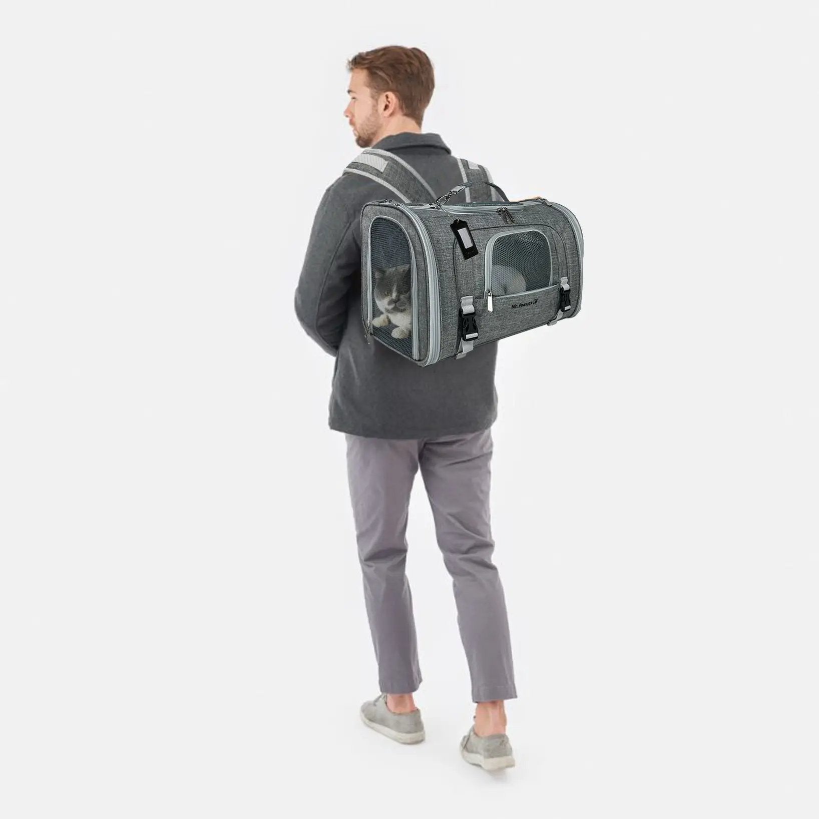 Mr. Peanut's Monterey Series airline-compliant horizontal pet carrier backpack, grey with mesh panels.