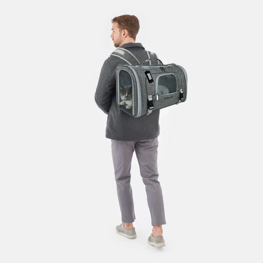 Mr. Peanut's Monterey Series airline-compliant horizontal pet carrier backpack, grey with mesh panels.