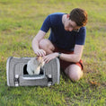 Charger l'image dans la visionneuse de la galerie, Mr. Peanut's Monterey Series airline-compliant horizontal backpack pet carrier in gray with a cat peeking out

