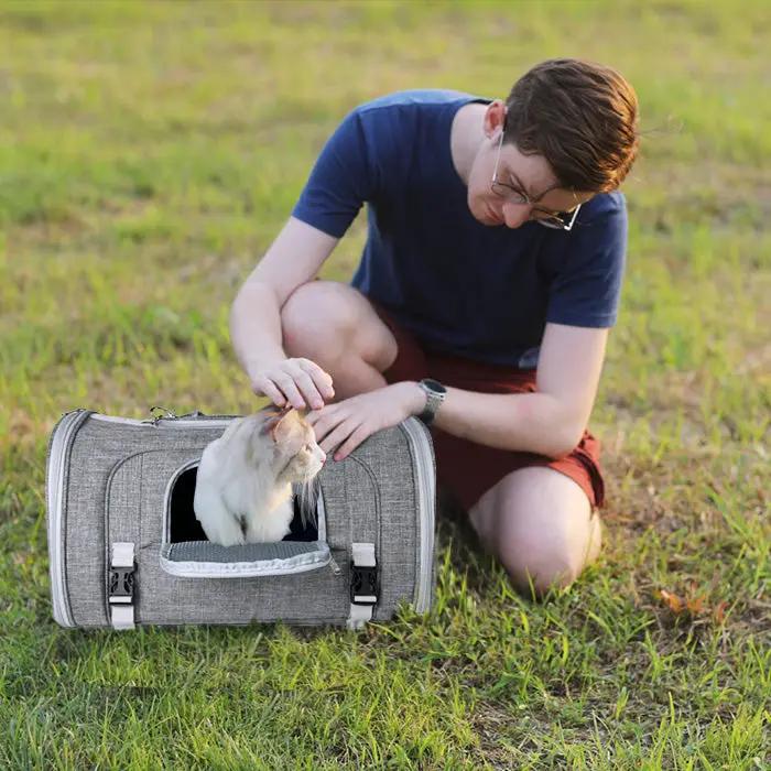 Mr. Peanut's Monterey Series airline-compliant horizontal backpack pet carrier in gray with a cat peeking out