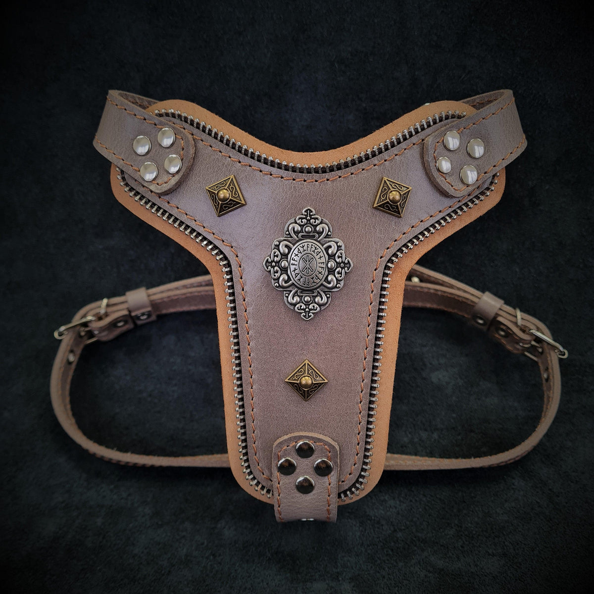 Bestia Aztec grey leather dog harness, small to medium