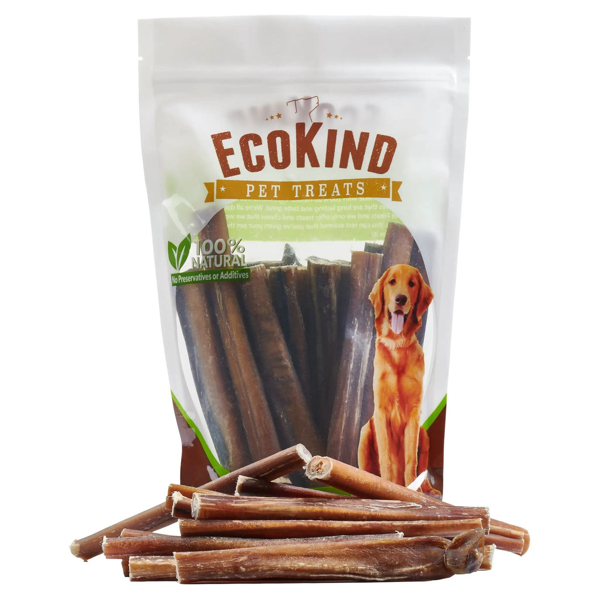 Beef bully sticks for pets in ECOKIND packaging, brown sticks