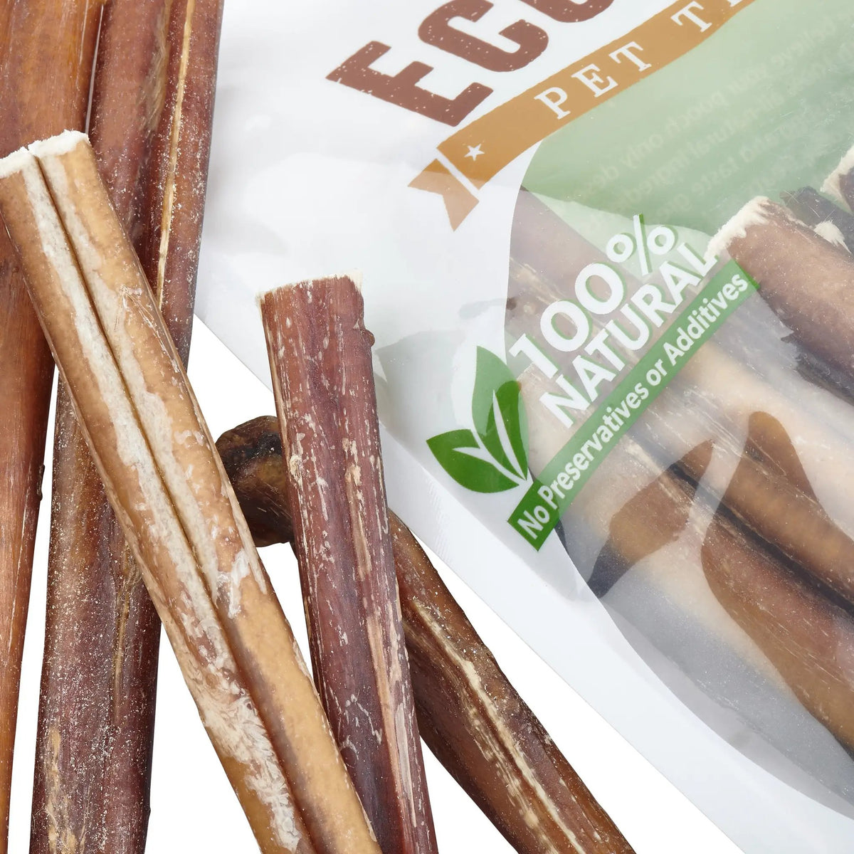Brazilian Grass-Fed Beef Bully Sticks for pets; several brown sticks with white residue.