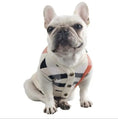 Load image into Gallery viewer, Dog sweater cardigan in cream knit with geometric navy-orange blocks and button-front
