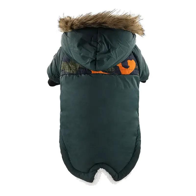 Dog Clothes Winter Thickened Warmth Cotton Pet Dogs Coat Jacket in green with fur hood and colorful design.