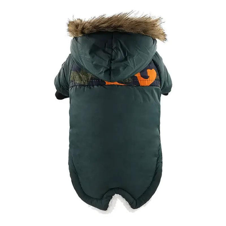 Dog Clothes Winter Thickened Warmth Cotton Pet Dogs Coat Jacket in green with fur hood and colorful design.