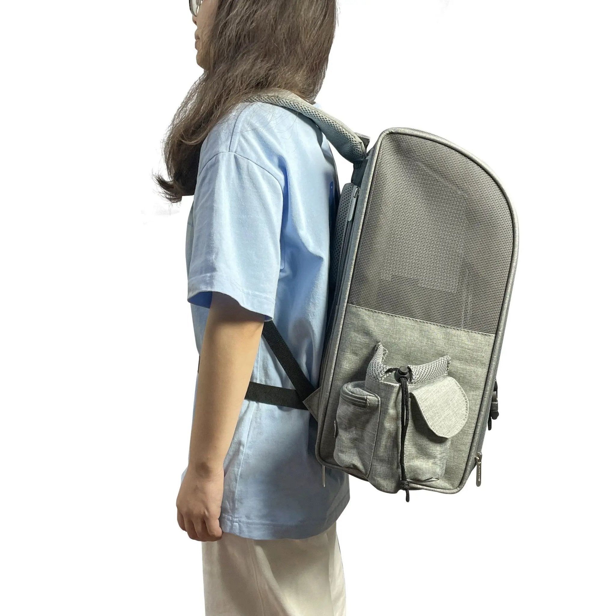 Mr. Peanut's Aspen Series airline-compliant backpack pet carrier; gray fabric with mesh panels