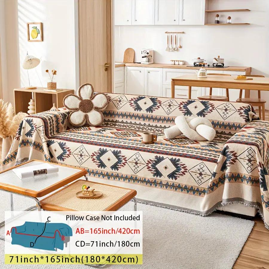 topspet Extra Large Sofa Cover; stretchable protector in beige/cream with blue geometric pattern, 71x165 in.