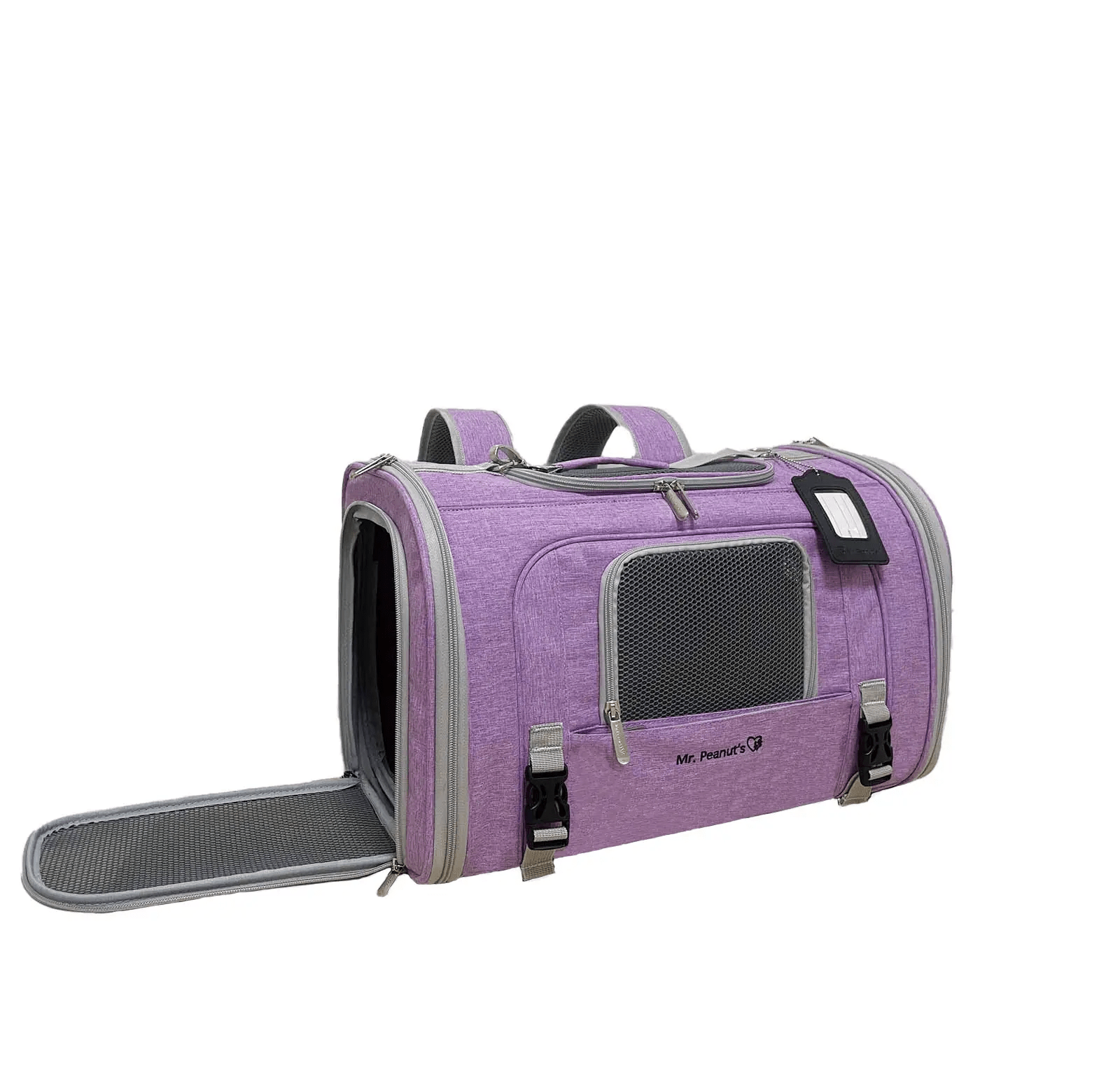 Mr. Peanut's Monterey Series airline-compliant horizontal backpack pet carrier in purple with mesh window