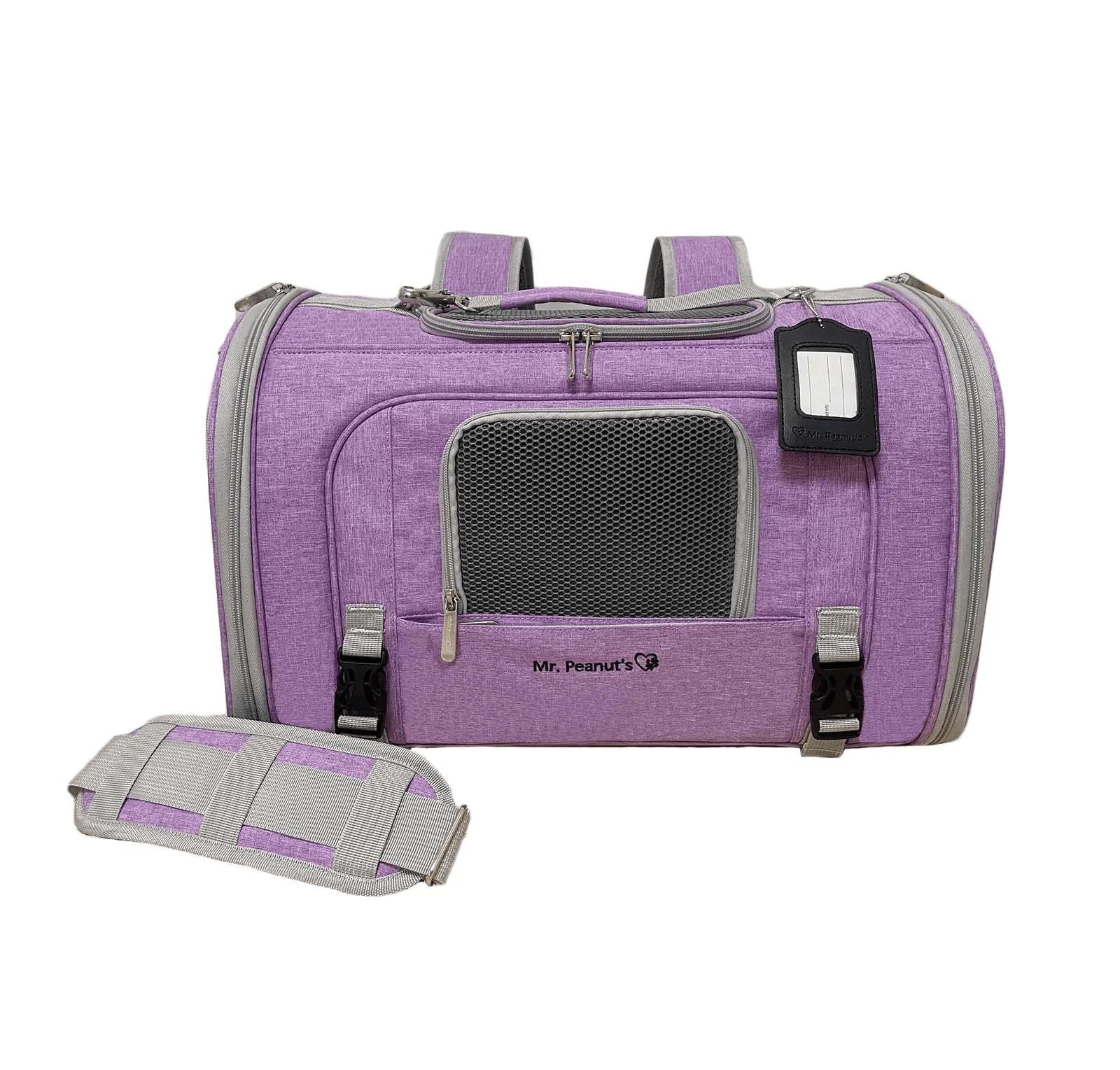 Mr. Peanut's Monterey Series airline-compliant horizontal backpack pet carrier in purple with gray trim.