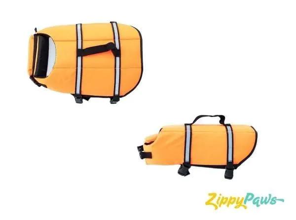 Adventure Dog Life Jacket by GreaterGood; orange dog life jacket with reflective straps and a top handle.