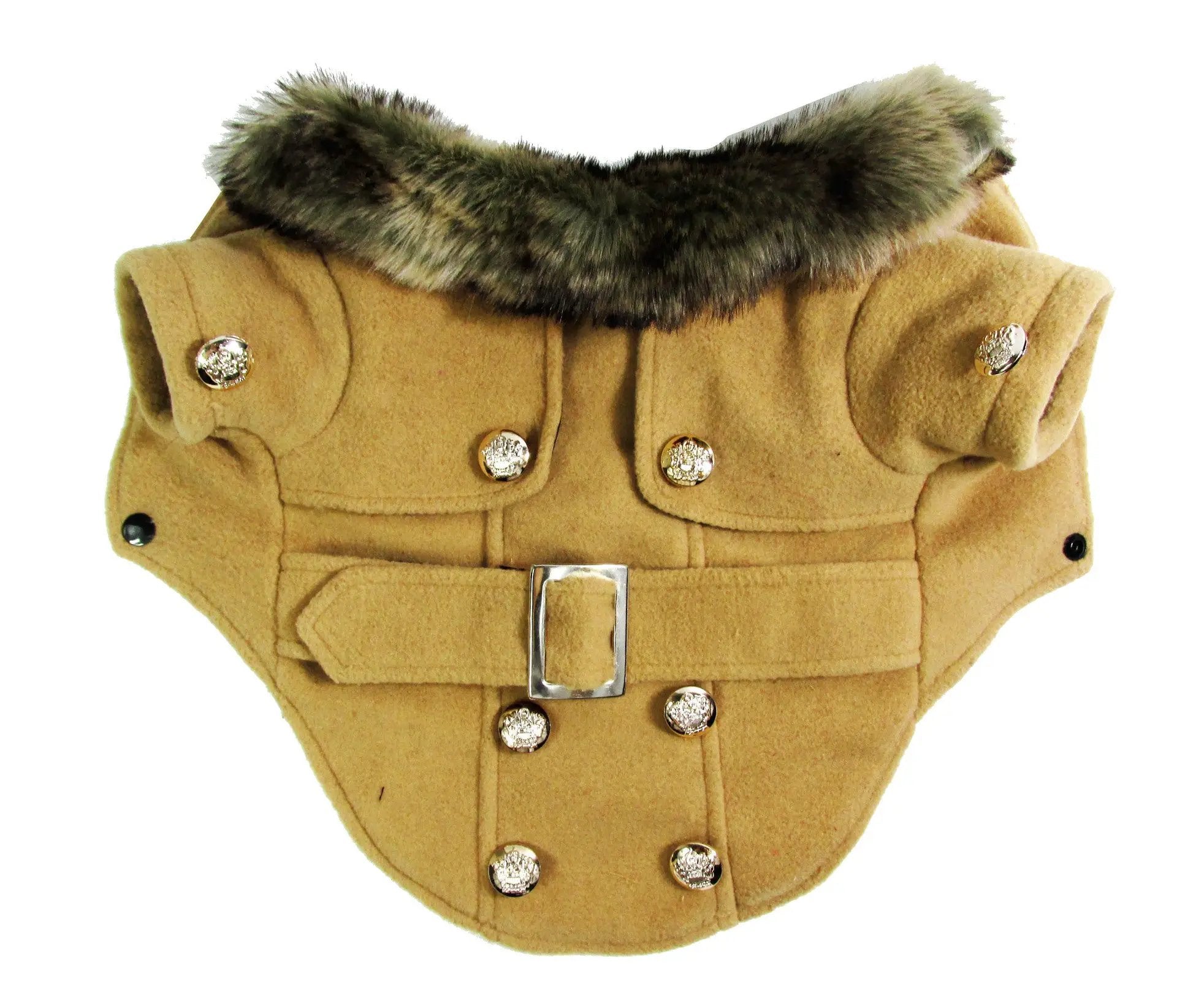 Dog clothes warm cotton pet clothing, winter furry jacket coat for dogs and cats in beige with fur collar.