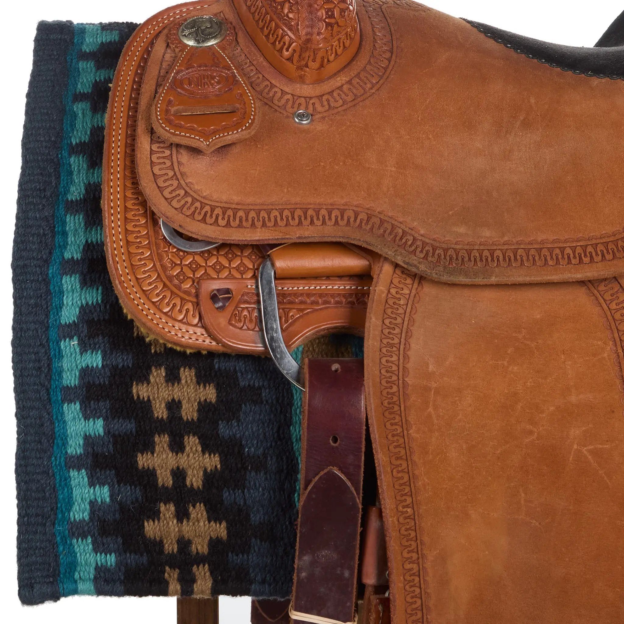 Mayatex Nova Saddle Blanket New Zealand Wool 38x34 Navy Tan Turquoise by Mayatex