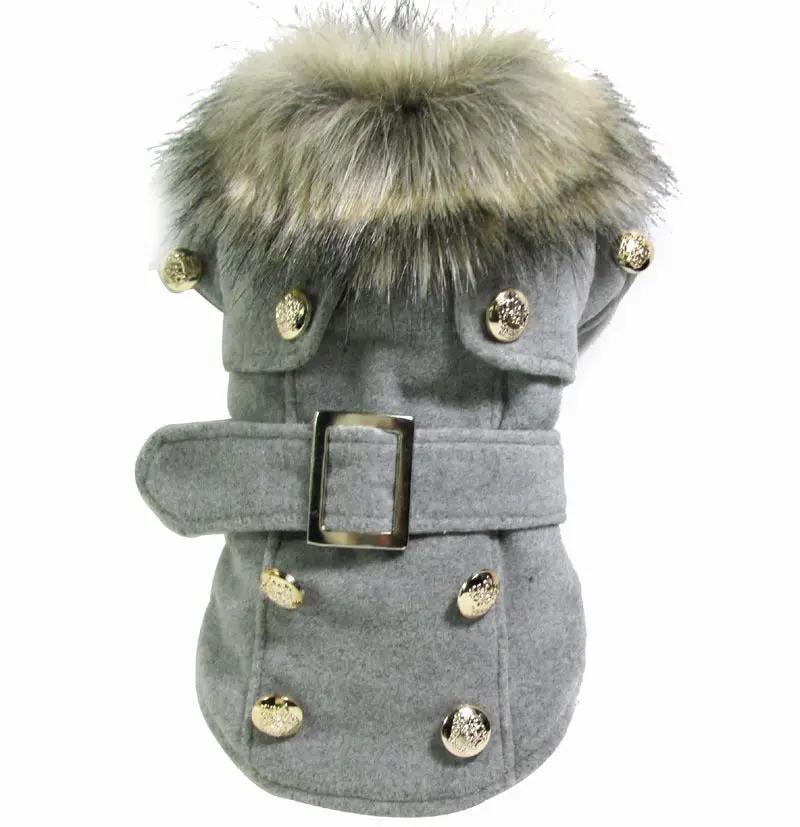 Dog clothes warm cotton pet clothing - grey furry jacket coat with stylish belt and buttons for pets.