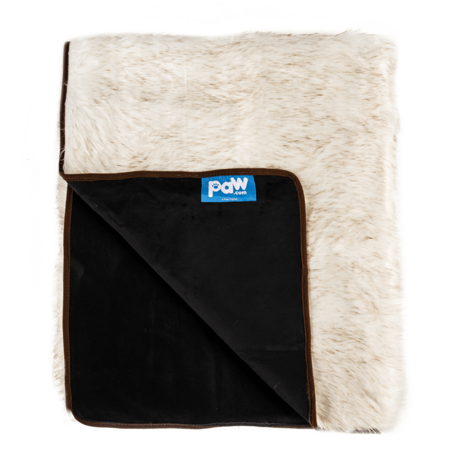 Paw.com PupProtector Waterproof Throw Blanket, white fur with brown trim, dog blanket.
