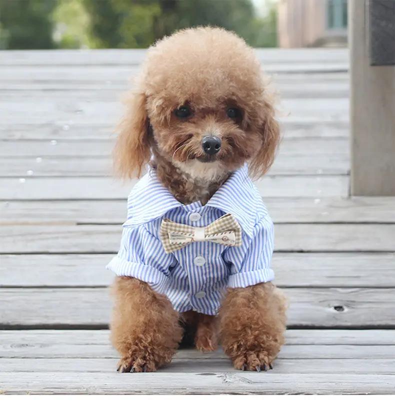 Dog shirt for small to medium dogs, blue striped breathable top with beige bow tie.