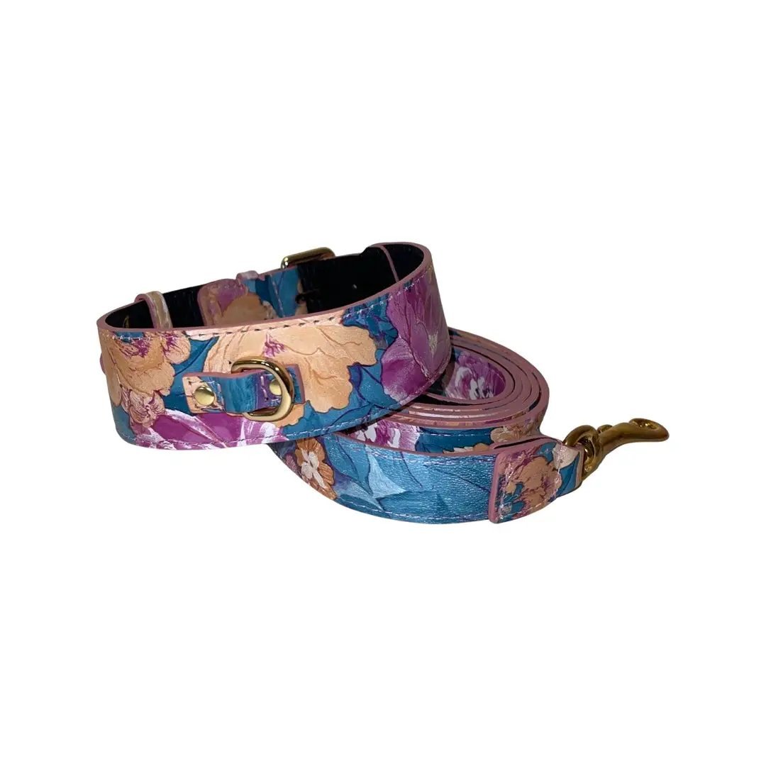 Floral Italian Leather Collar & Leash Set by Allysa Payne Beverly Hills