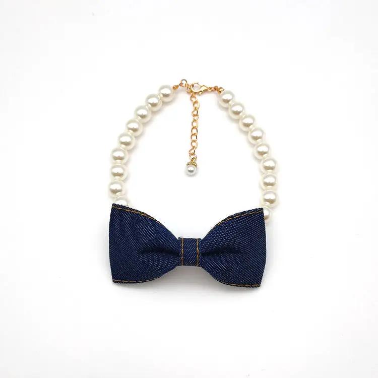 Pet Neck Chain Cat Dog Accessories Pearl Necklace Denim Bow Pendant cute Princess bib by My Store