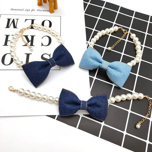 Pet Neck Chain Cat Dog Accessories Pearl Necklace Denim Bow Pendant cute Princess bib by My Store