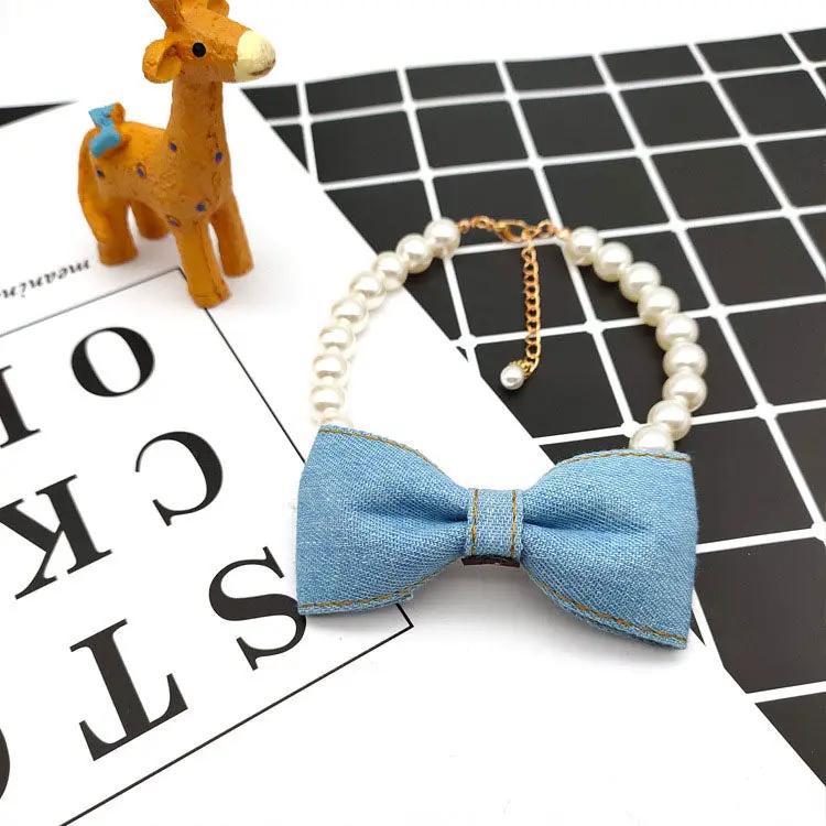 Pet Neck Chain Cat Dog Accessories Pearl Necklace Denim Bow Pendant cute Princess bib by My Store