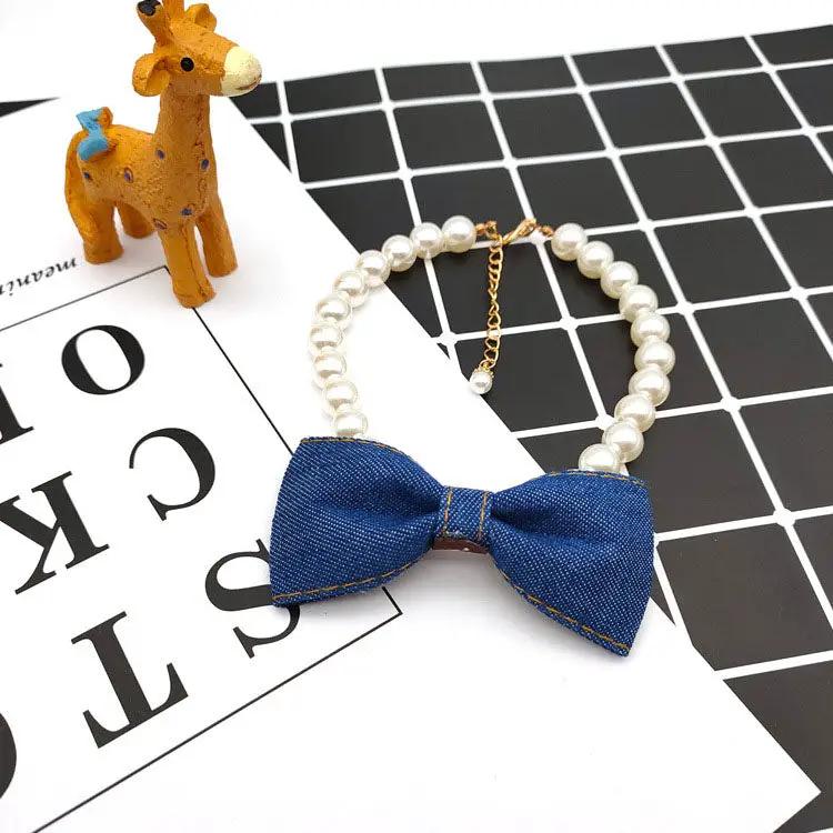 Pet Neck Chain Cat Dog Accessories Pearl Necklace Denim Bow Pendant cute Princess bib by My Store