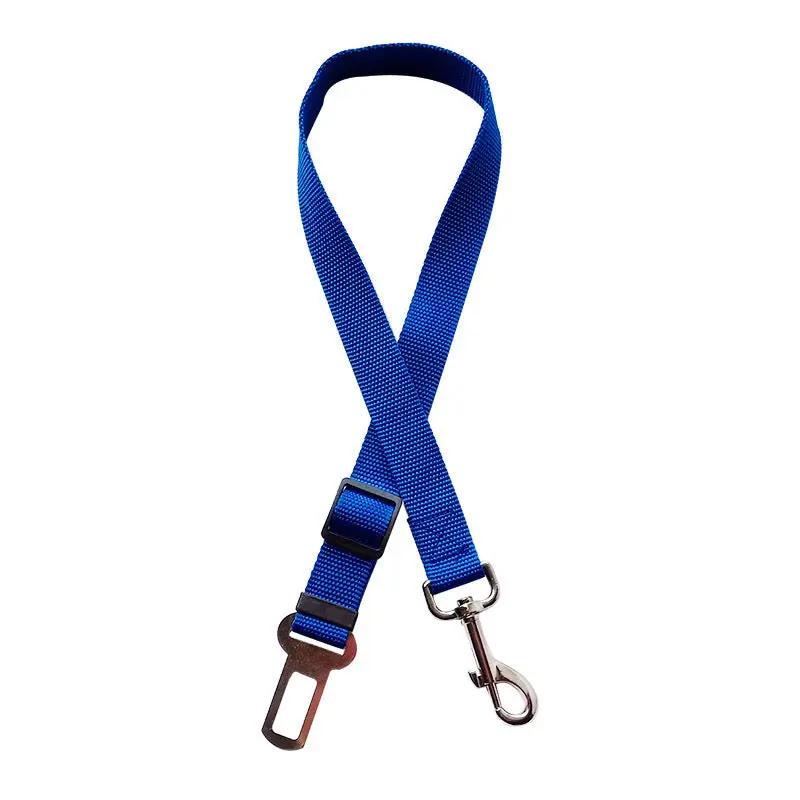 Adjustable blue nylon pet car seat belt with metal clip and swivel hook