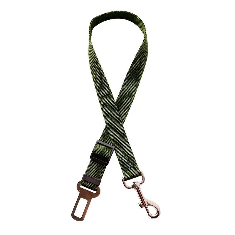 Adjustable nylon pet car seat belt strap with metal clip and hook, olive green