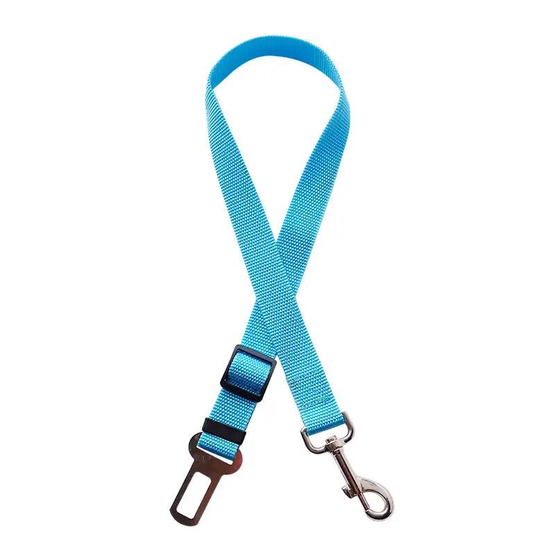 Blue adjustable pet car seat belt with metal clip and locking buckle for dogs and cats