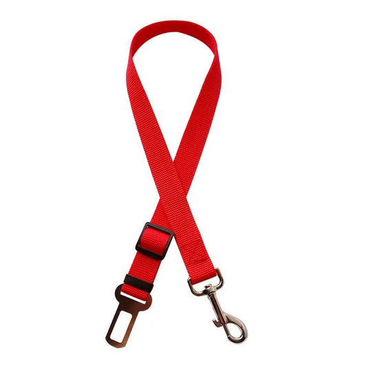 Pet car seat belt, adjustable red strap with metal clip and buckle