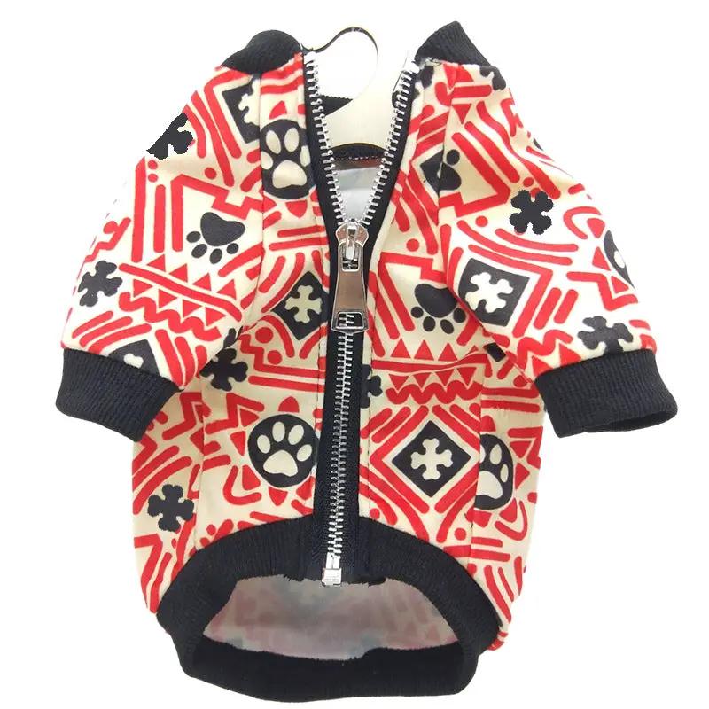 Dog hoodie with red and cream geometric print; zip-front; black rib cuffs and hem; For Animals, With Love