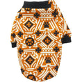 Load image into Gallery viewer, Dog sweater in orange geometric teddy print with black cuffs, For Animals With Love pet apparel.
