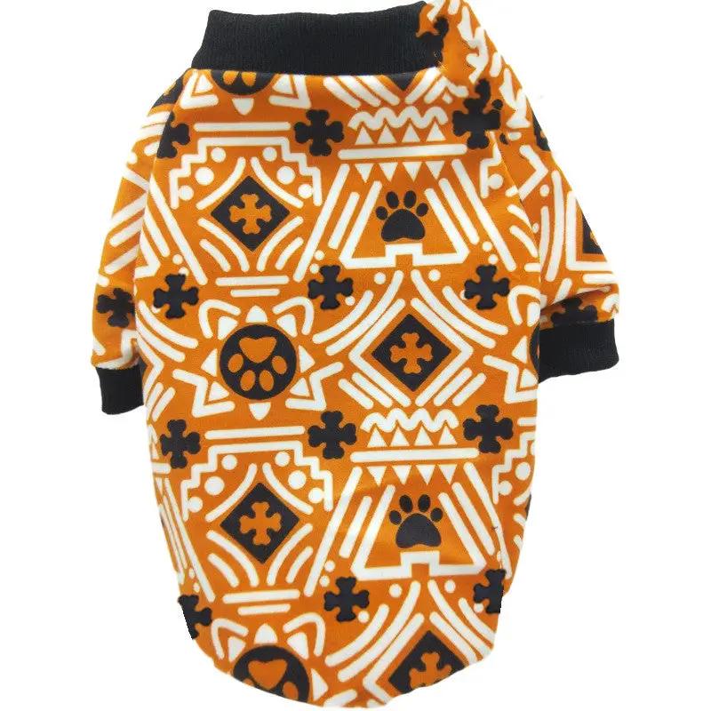 Dog sweater in orange geometric teddy print with black cuffs, For Animals With Love pet apparel.